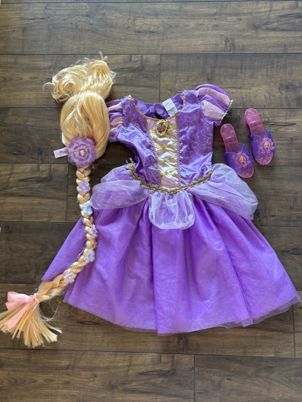 Disney Purple Princess Rapunzel Dress with Blonde Braid and Glitter Slippers
